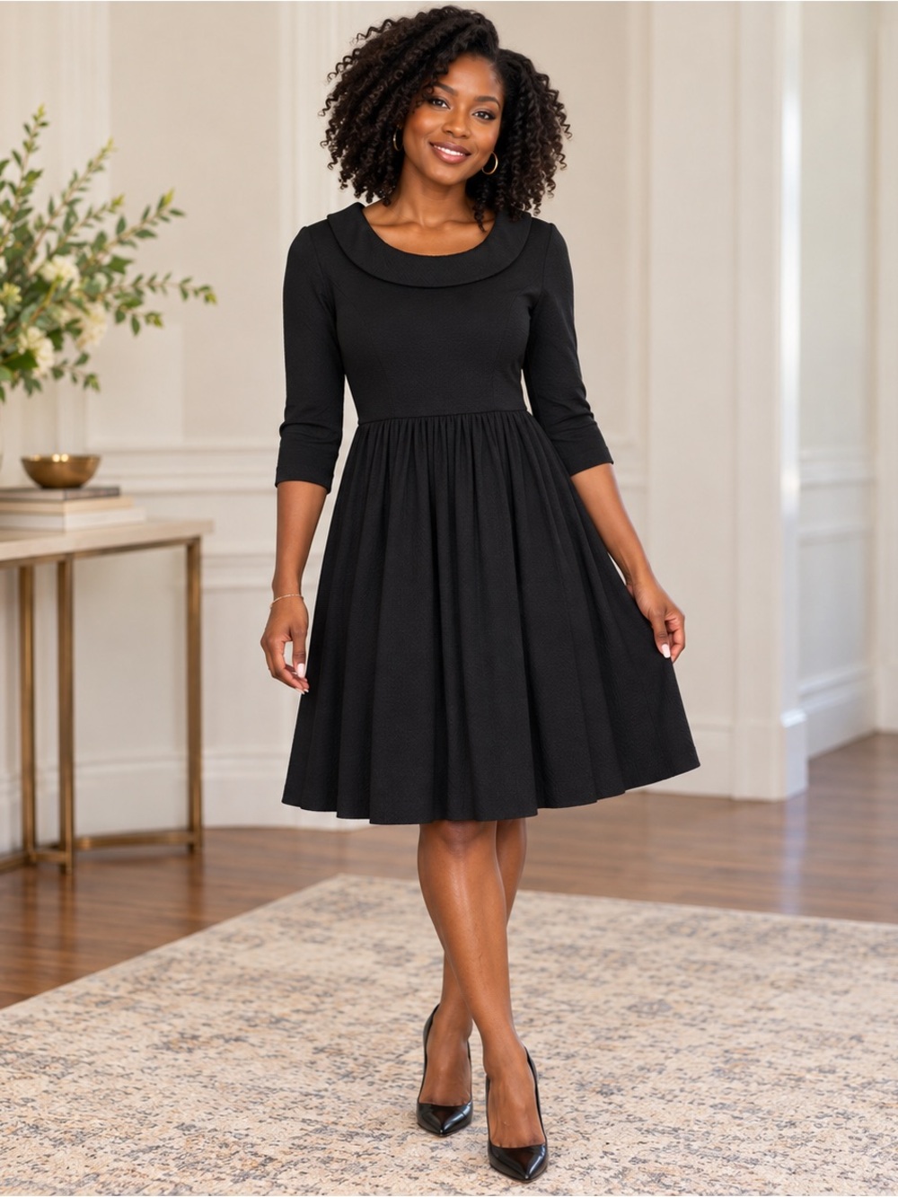 ModCloth Black Jacquard Fit & Flare Dress S Keyhole Back 3/4 Sleeve